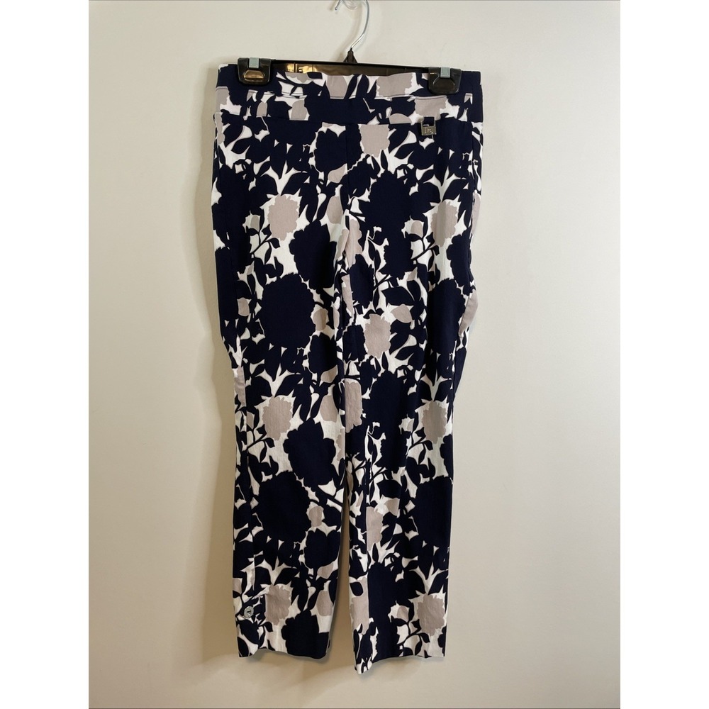 Rafaella Size 6 Navy Beige Floral Stretch Pull On Cropped Pants